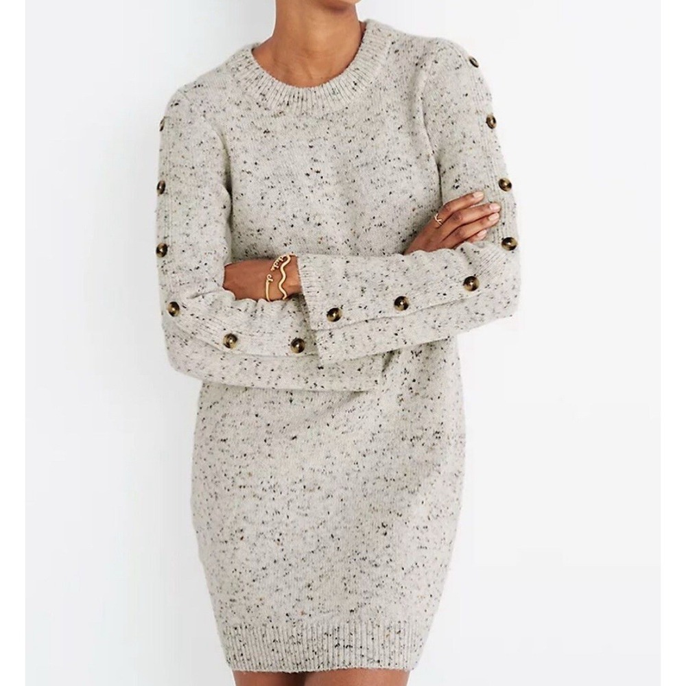 MADEWELL Women's Speckled Donegal Sweater Button Dress Small Wool Acrylic Blend